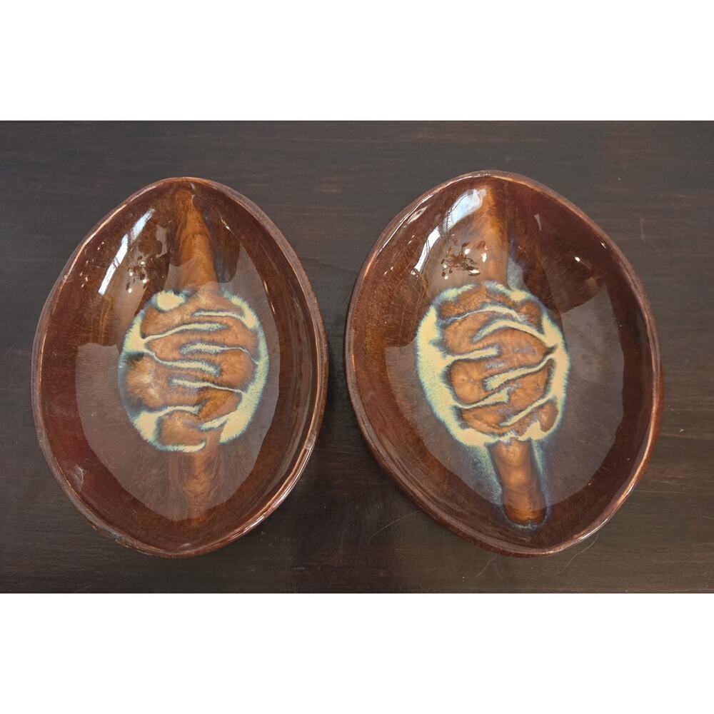 Studio Art Pottery Glazed Clay Oval Dishes Set 2 Measures 6 x 4.5 Makers Mark